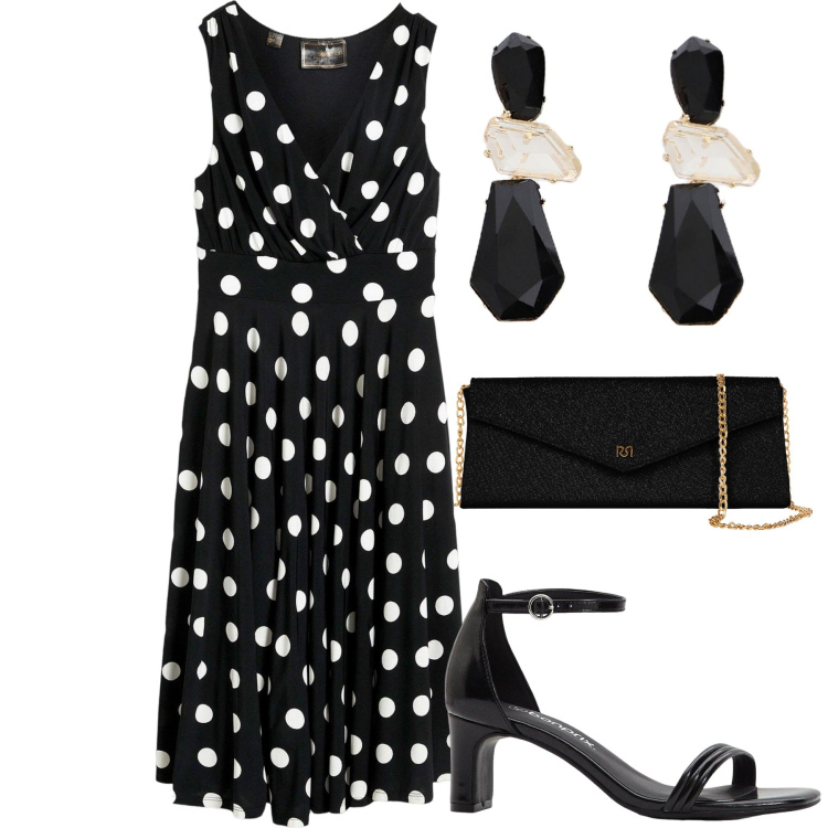 Outfit donna - Giugno a pois. Stile Bon Ton per Cerimonia. Abbinamento con vestiti, sandali col tacco, pochette, orecchini.