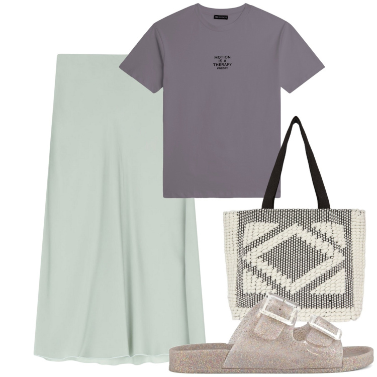 Outfit donna - Gonna lunga e sandali. Stile Casual chic per Mare. Abbinamento con t-shirt, gonne lunghe, sandali, shopping bag.