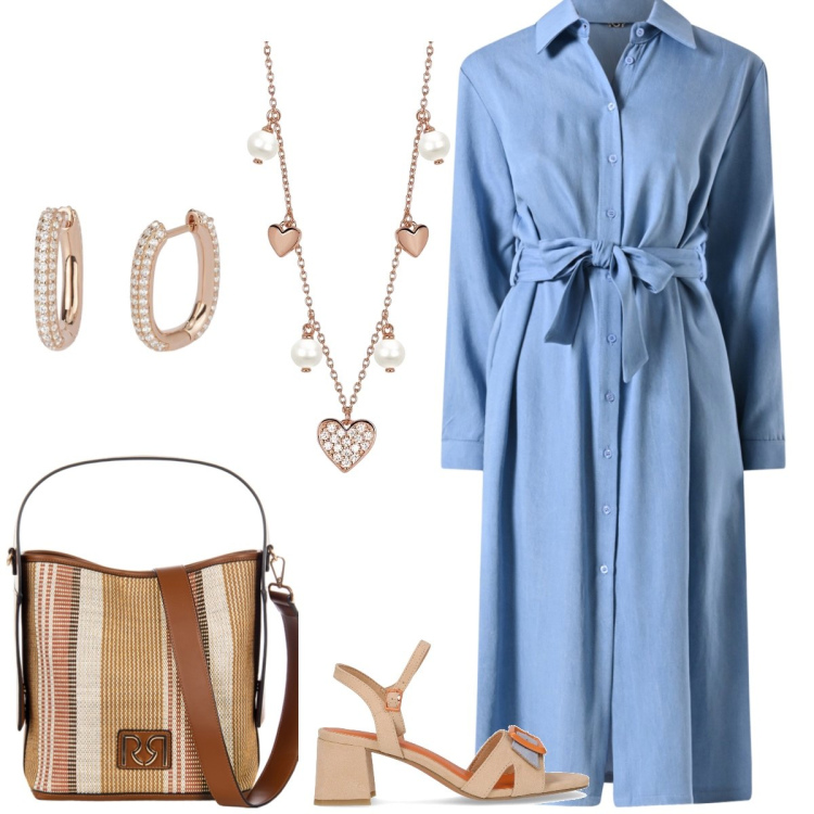 Outfit donna - Total look #2176261. Stile Casual chic per Tutti i giorni. Abbinamento con orecchini, collane, borse a secchiello, vestiti chemisier, sandali col tacco.