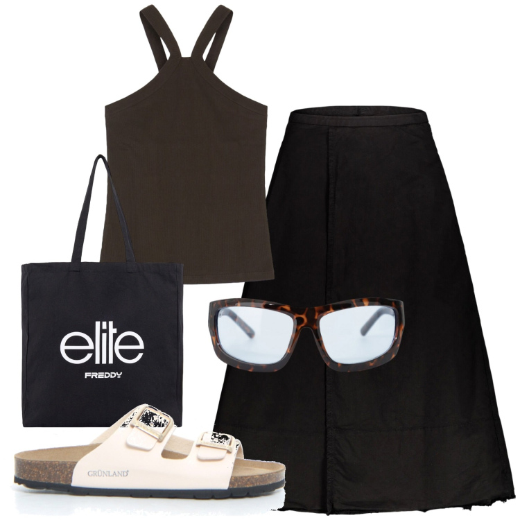 Outfit donna - Gonna lunga e sandali. Stile Casual chic per Mare. Abbinamento con occhiali da sole, top, shopping bag, gonne lunghe, ciabatte.