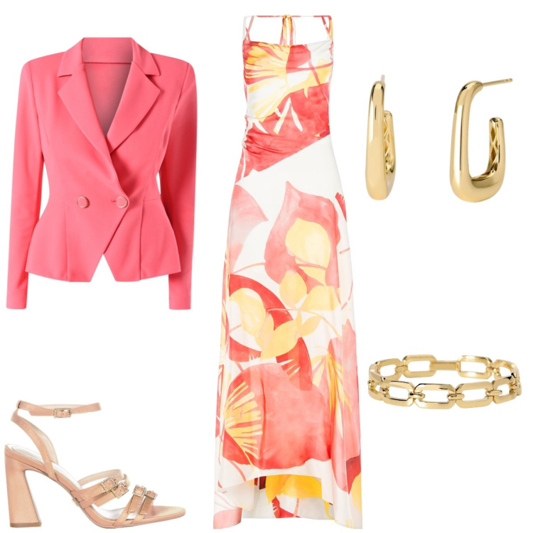 Outfit donna - Total look #2176266. Stile Chic per Cerimonia. Abbinamento con braccialetti, orecchini, blazer, sandali col tacco, vestiti lunghi.