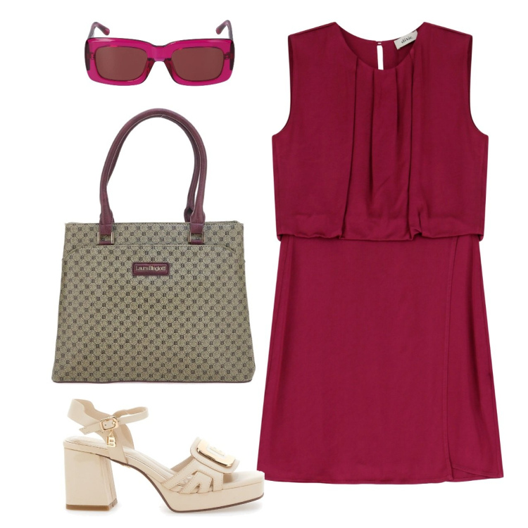 Outfit donna - Prugna. Stile Bon Ton per Ufficio. Abbinamento con vestiti corti, sandali col tacco, occhiali da sole, borse a spalla.