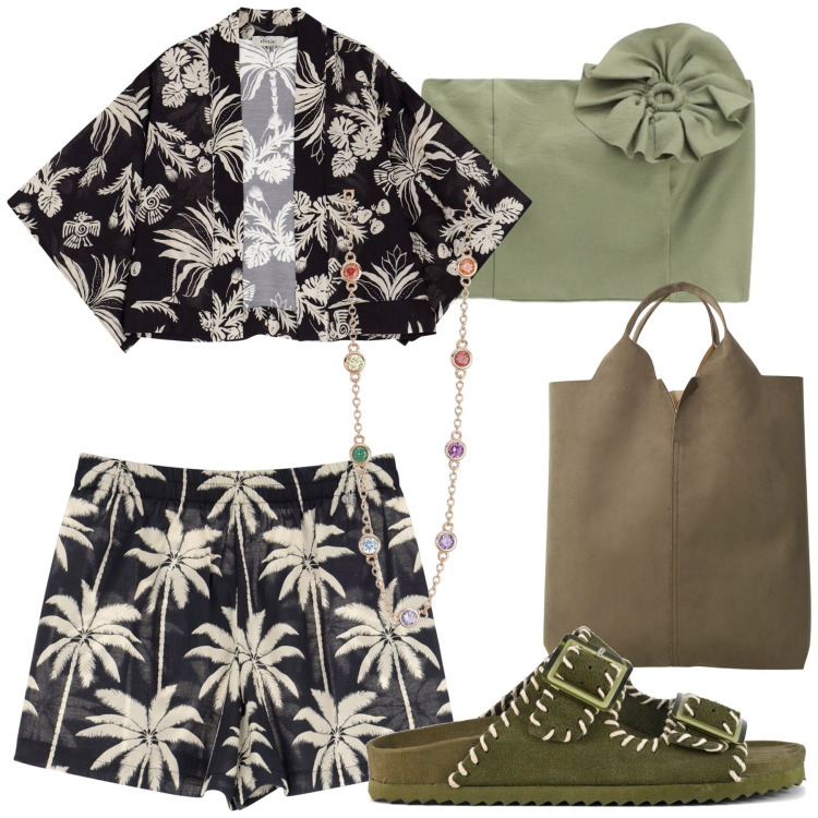 Outfit donna - Boho. Stile Boho per Mare. Abbinamento con collane, pantaloni corti, shopping bag, top, camicie, sandali.
