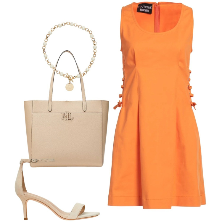 Outfit donna - Estate. Stile Chic per Tutti i giorni. Abbinamento con vestiti corti, collane, borse tote, sandali in pelle.