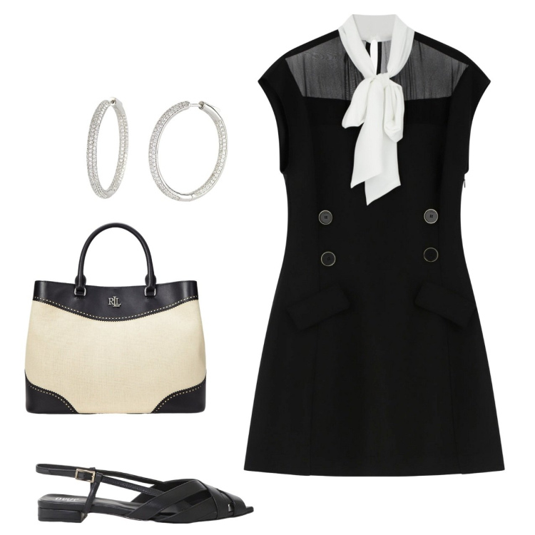 Outfit donna - Riunione di ufficio. Stile Bon Ton per Ufficio. Abbinamento con orecchini, vestiti corti, sandali, borse a mano.