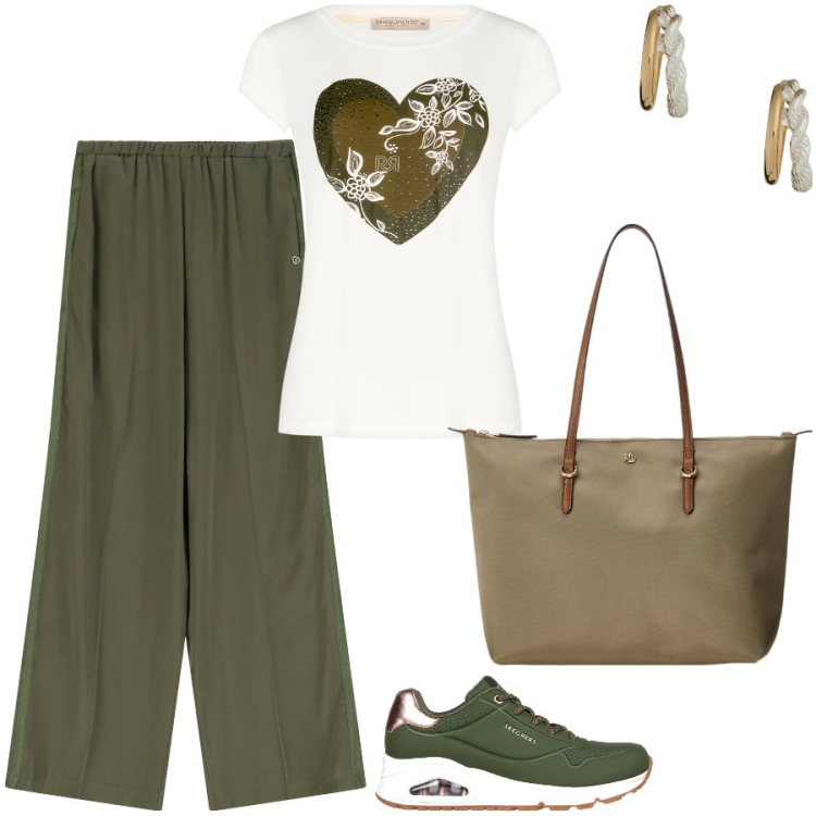 Outfit donna - T-shirt cuore. Stile Casual chic per Scuola/Università. Abbinamento con t-shirt, pantaloni, borse tote, orecchini, sneakers.
