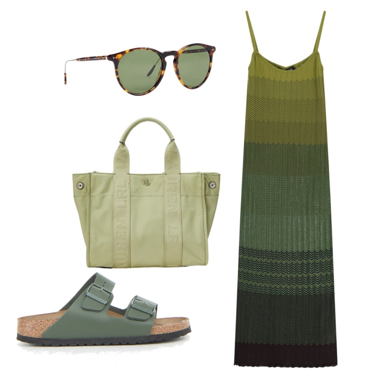 Outfit donna - Sfumature di verde. Stile Bon Ton per Tutti i giorni. Abbinamento con vestiti lunghi, occhiali da sole, borse tote, ciabatte.
