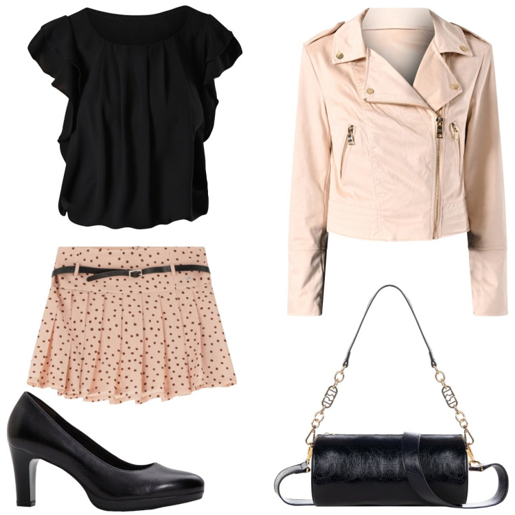 Outfit donna - Gonna corta a pois. Stile Casual chic per Serata fuori. Abbinamento con décolleté, bluse, borse a mano, giacche, minigonne.