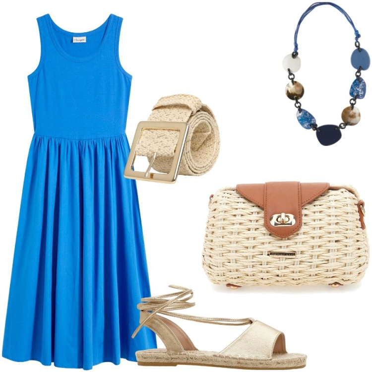 Outfit donna - Ahito confortevole. Stile Casual chic per Tutti i giorni. Abbinamento con vestiti, sandali, cinture, borse a tracolla, collane.