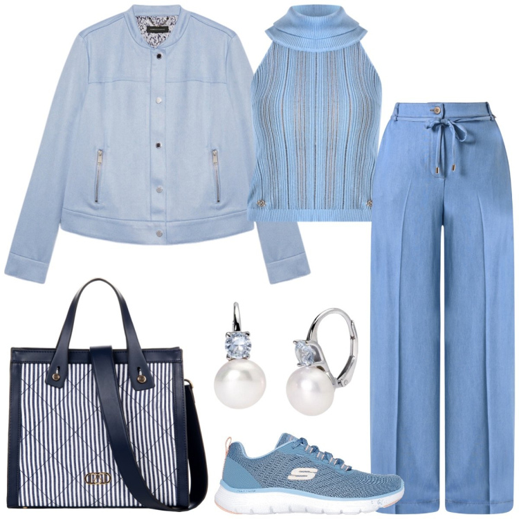 Outfit donna - Total look #2176290. Stile Casual chic per Tutti i giorni. Abbinamento con orecchini, top, pantaloni, shopping bag, blazer, sneakers.