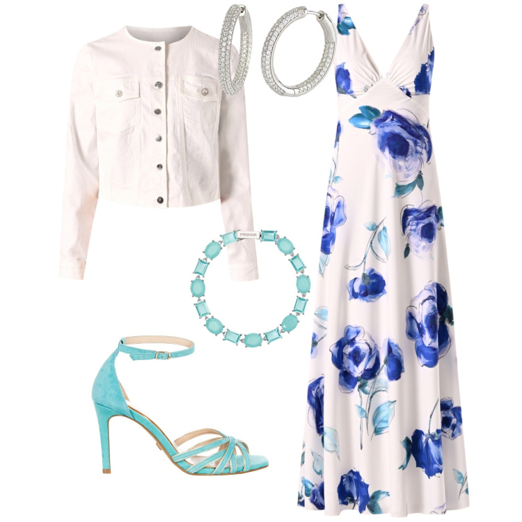 Outfit donna - Cerimonia evento serata. Stile Romantica per Cerimonia. Abbinamento con orecchini, braccialetti, vestiti lunghi, sandali col tacco, blazer.