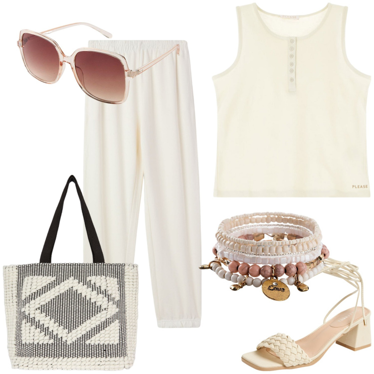 Outfit donna - Fresca per tutta la giornata. Stile Urban per Tutti i giorni. Abbinamento con braccialetti, occhiali da sole, sandali alla schiava, pantaloni, canottiere, shopping bag.
