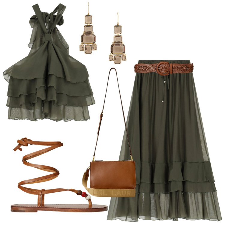 Outfit donna - Gonna lunga e sandali. Stile Boho per Serata fuori. Abbinamento con gonne lunghe, top, borse a tracolla, cinture, sandali gioiello, orecchini.