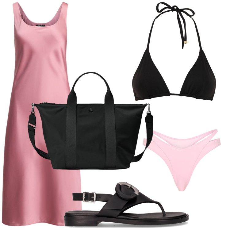 Outfit donna - Prima apericena al mare pink black. Stile Bon Ton per Mare. Abbinamento con borse tote, vestiti senza maniche, bikini, ciabatte, bikini.