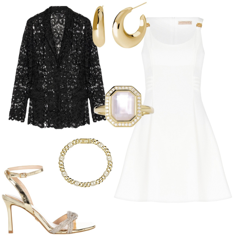 Outfit donna - Serata evento speciale. Stile Bon Ton per Serata fuori. Abbinamento con anelli, orecchini, braccialetti, sandali col tacco, vestiti, blazer.