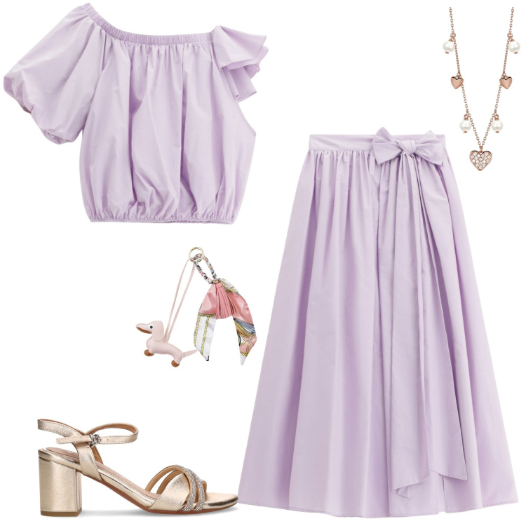 Outfit donna - Gonna lunga e sandali. Stile Romantica per Serata fuori. Abbinamento con collane, gonne lunghe, top, portachiavi, sandali in pelle.