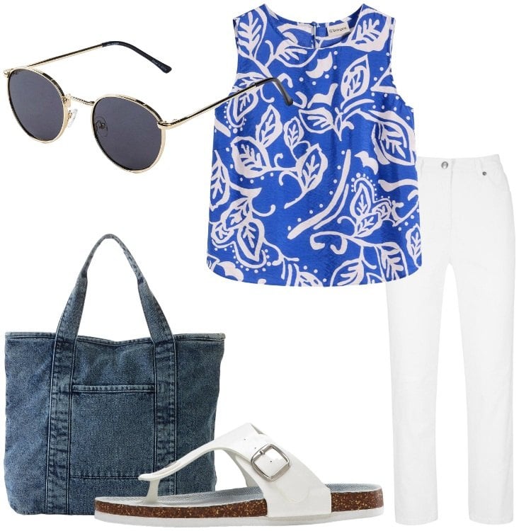 Outfit donna - Fresca a giugno. Stile Basic per Tutti i giorni. Abbinamento con pantaloni, infradito, occhiali da sole, top, shopping bag.