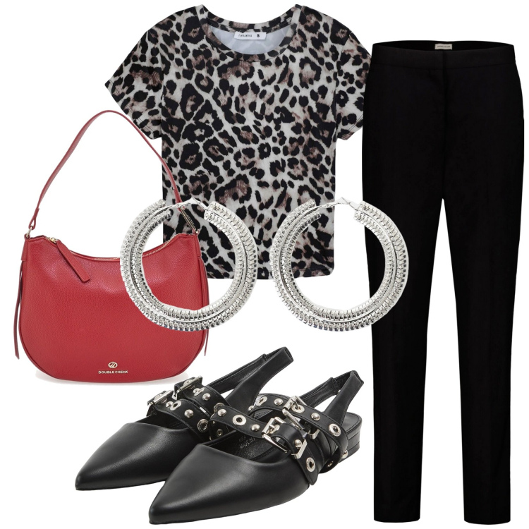 Outfit donna - In ufficio. Stile Casual per Ufficio. Abbinamento con t-shirt, sabot, orecchini, pantaloni, borse a tracolla.