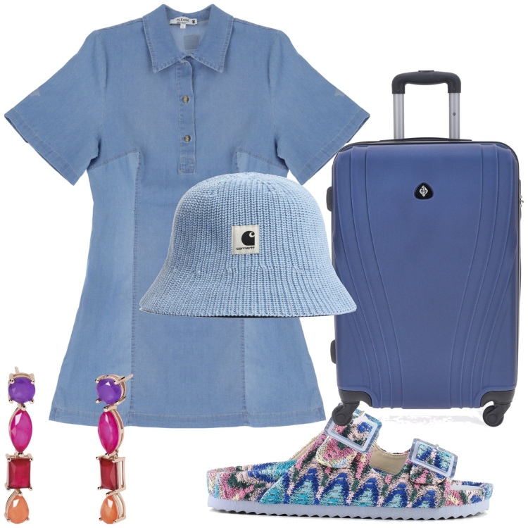 Outfit donna - Viaggio comodo ma glamour. Stile Trendy per Tutti i giorni. Abbinamento con orecchini, vestiti corti, sandali, valigie, cappelli.