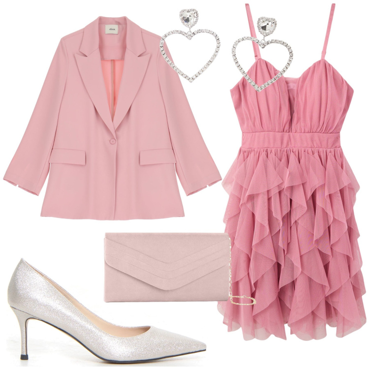 Outfit donna - 18 anni da festeggiare!. Stile Glamour per Cerimonia. Abbinamento con pochette, vestiti corti, orecchini, blazer, décolleté.