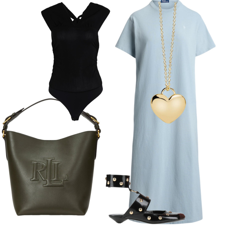 Outfit donna - Cuore semplice e chic. Stile Bon Ton per Ufficio. Abbinamento con body, ballerine, collane, vestiti, borse a secchiello.