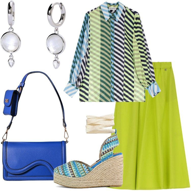 Outfit donna - Speciale Verde Lime. Stile Casual chic per Tutti i giorni. Abbinamento con orecchini, pochette, camicie, gonne longuette, zeppe.