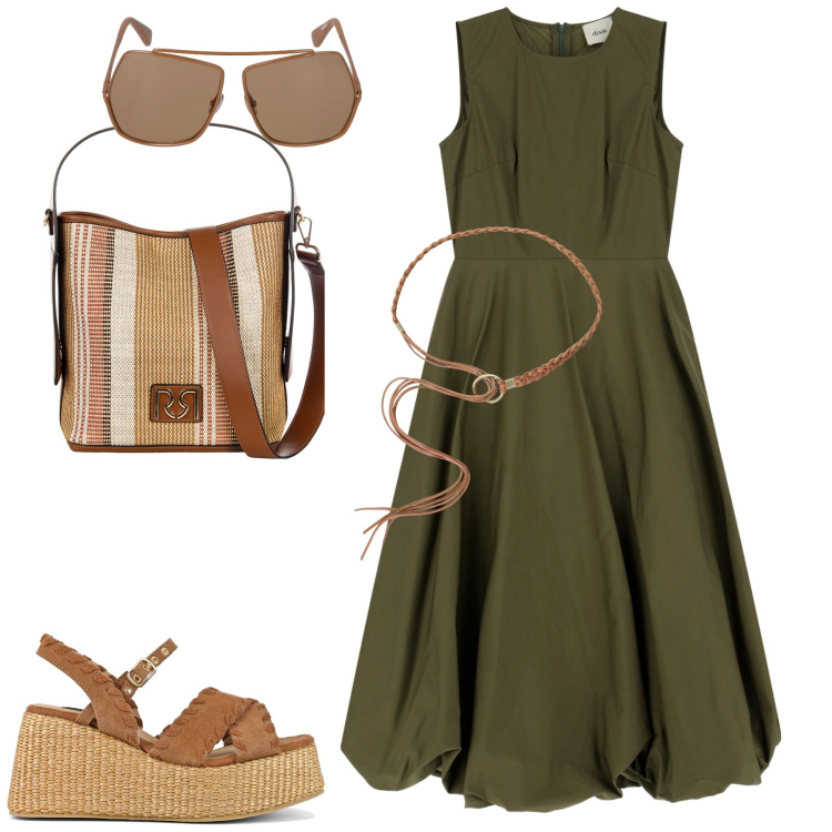 Outfit donna - Summertime. Stile Minimal per Tutti i giorni. Abbinamento con borse a secchiello, vestiti midi/longuette, cinture, zeppe, occhiali da sole.