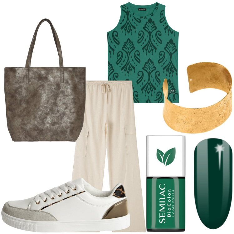 Outfit donna - Lo smalto perfetto. Stile Casual chic per Tutti i giorni. Abbinamento con smalti, pantaloni cargo, sneakers, borse tote, canottiere, braccialetti.
