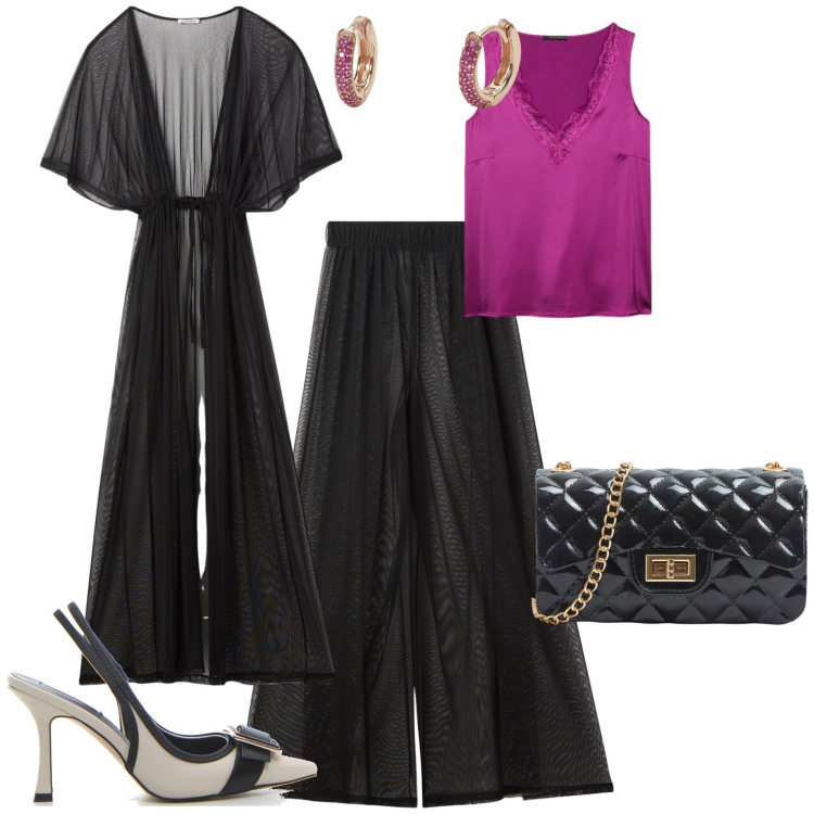 Outfit donna - Serata evento. Stile Chic per Serata fuori. Abbinamento con borse a tracolla, pantaloni a palazzo, caftani, orecchini, top, décolleté.