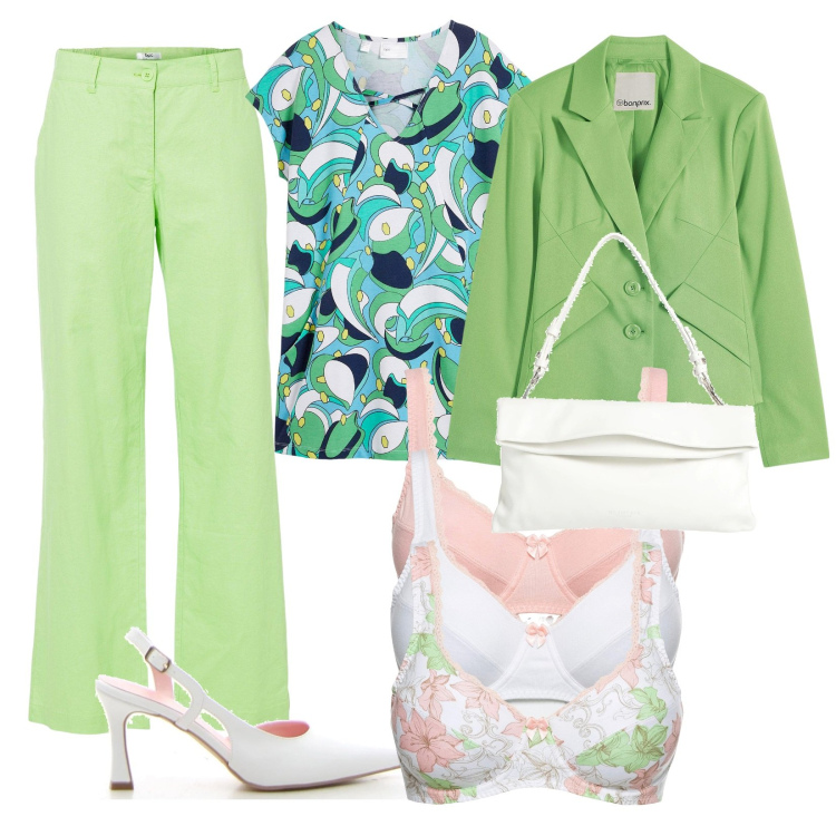Outfit donna - Elegante in verde. Stile Casual chic per Tutti i giorni. Abbinamento con reggiseni, pantaloni, maglieria, blazer, borse a mano, décolleté.