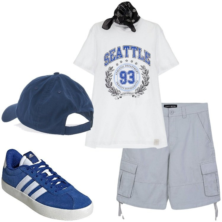 Outfit uomo - Bella stagione. Stile Casual per Tutti i giorni. Abbinamento con bermuda, t-shirt, cappelli, sneakers.
