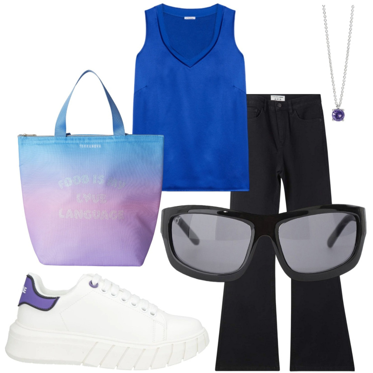 Outfit donna - Total look #2176340. Stile Basic per Tutti i giorni. Abbinamento con sneakers, jeans a zampa, borse tote, collane, occhiali da sole, top.