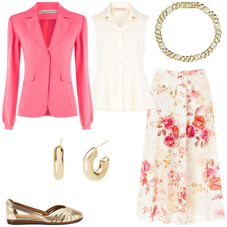 Outfit donna - Total look #2176342. Stile Chic per Cerimonia. Abbinamento con orecchini, braccialetti, blazer, gonne longuette, camicie, ballerine.