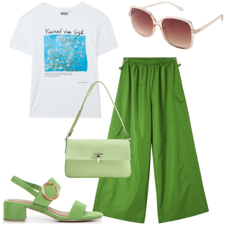 Outfit donna - Tonalità verde lime. Stile Casual chic per Tutti i giorni. Abbinamento con occhiali da sole, pantaloni cargo, t-shirt, borse a spalla, sandali col tacco.