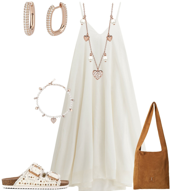 Outfit donna - Total look #2176345. Stile Boho per Serata fuori. Abbinamento con orecchini, braccialetti, collane, borse a tracolla, vestiti midi/longuette, sandali.