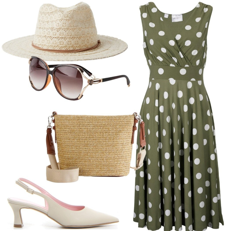 Outfit donna - Turista nelle città d\'arte. Stile Casual chic per Tutti i giorni. Abbinamento con vestiti, occhiali da sole, borse a tracolla, cappelli, décolleté.
