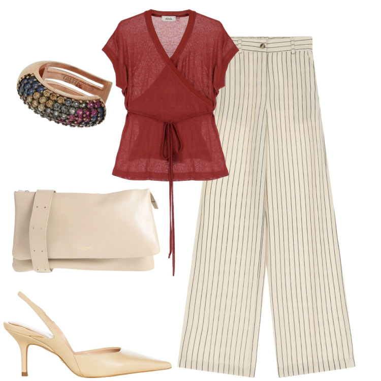 Outfit donna - Sofisticata. Stile Trendy per Tutti i giorni. Abbinamento con borse a tracolla, pantaloni, top, décolleté, orecchini.