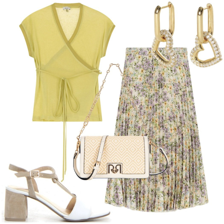 Outfit donna - Romantica con la gonna a fiori. Stile Romantica per Cerimonia. Abbinamento con orecchini, borse a tracolla, top, gonne lunghe, sandali col tacco.