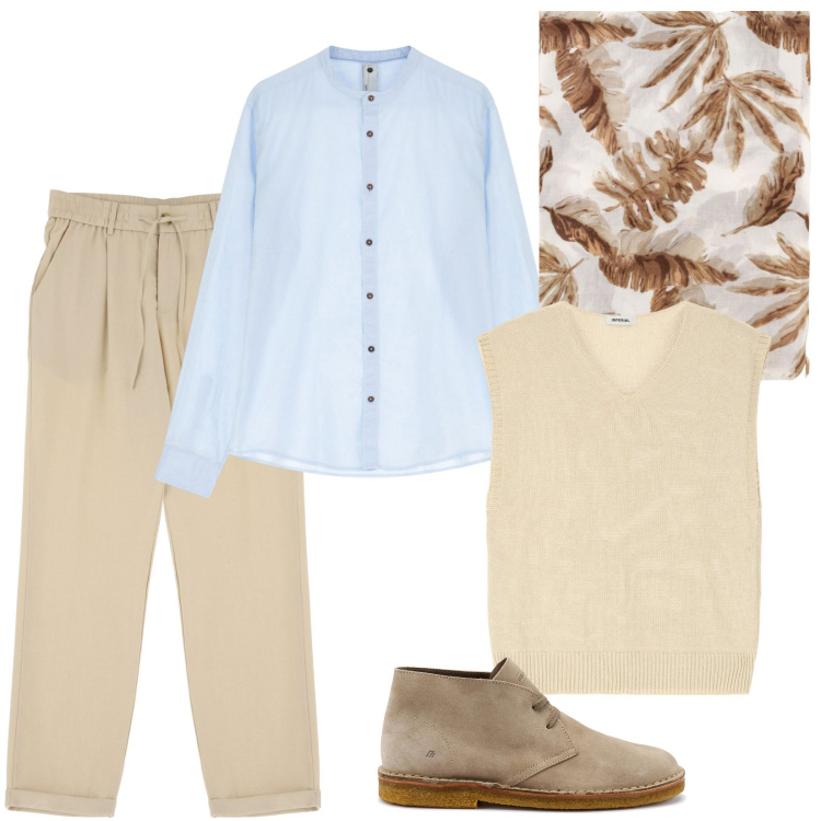 Outfit uomo - Tonalità neutre e fresche. Stile Casual per Tutti i giorni. Abbinamento con camicie, maglieria, sciarpe e foulard, pantaloni, stivali e stivaletti.