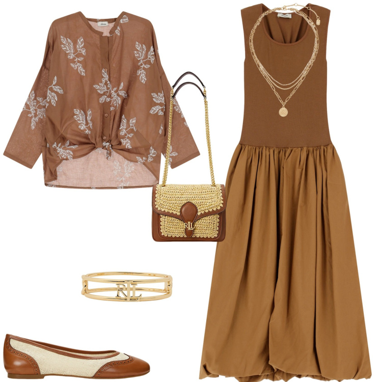 Outfit donna - Total look #2176367. Stile Etnico per Tutti i giorni. Abbinamento con vestiti midi/longuette, camicie, ciondoli, ballerine, borse a spalla, braccialetti.