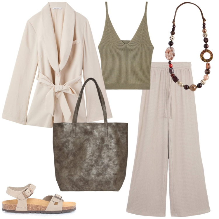 Outfit donna - Total look #2176369. Stile Casual per Tutti i giorni. Abbinamento con blazer, borse tote, pantaloni, top, collane, sandali.