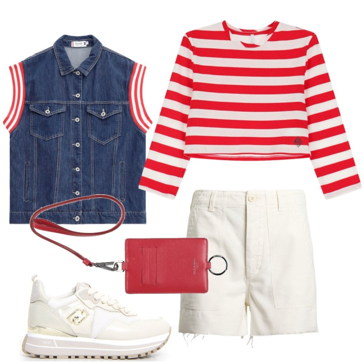 Outfit donna - Tutte righe!. Stile Casual per Scuola/Università. Abbinamento con portafogli, gilet, t-shirt, bermuda, sneakers.
