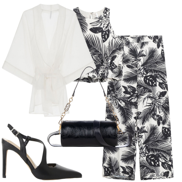 Outfit donna - Tropical. Stile Chic per Serata fuori. Abbinamento con borse a mano, pantaloni, décolleté, top, kimono.