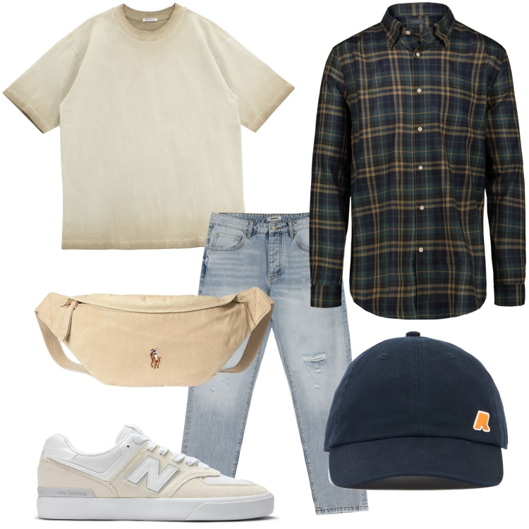 Outfit uomo - Total look #2176375. Stile Trendy per Tutti i giorni. Abbinamento con sneakers, jeans strappati, t-shirt, borse sportive, camicie, cappelli.