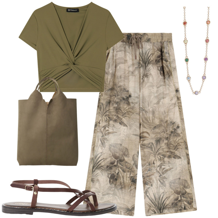 Outfit donna - Giugno. Stile Urban per Tutti i giorni. Abbinamento con collane, pantaloni, t-shirt, sandali, shopping bag.