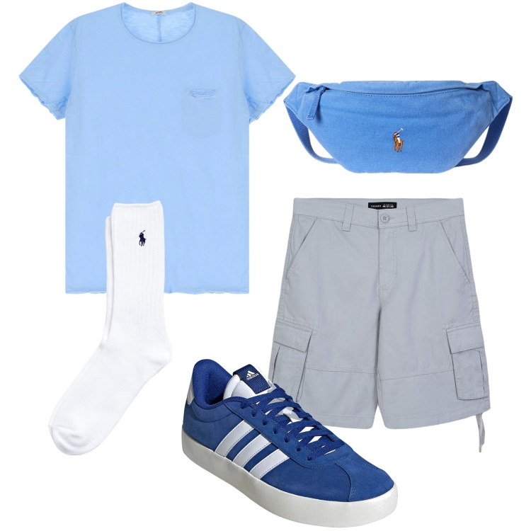 Outfit uomo - Total look #2176379. Stile Casual per Tutti i giorni. Abbinamento con bermuda, t-shirt, calzini, borse sportive, sneakers.