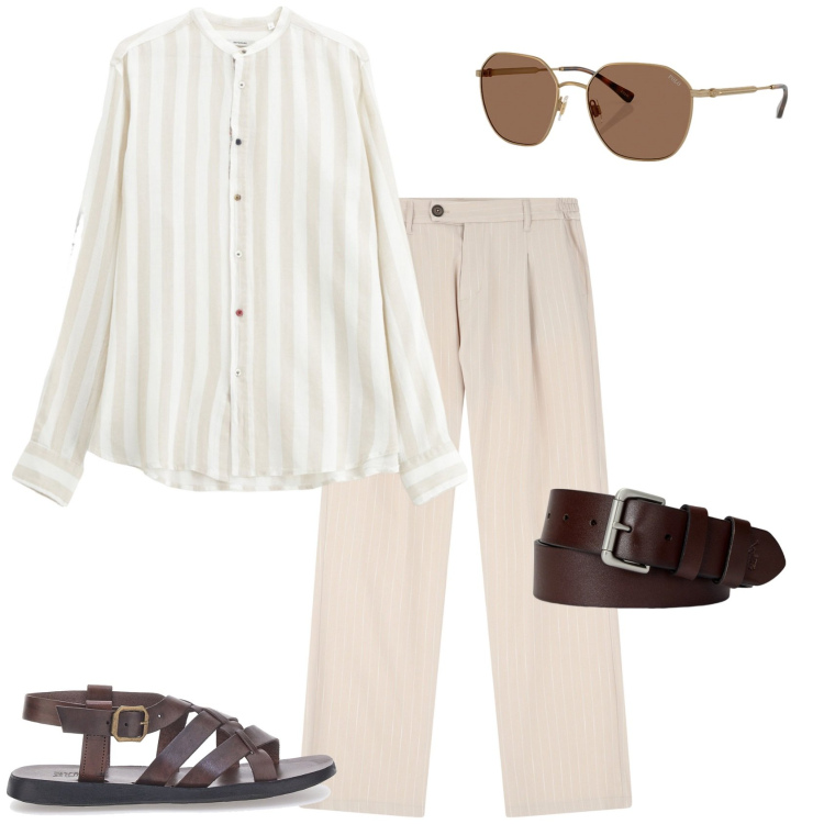 Outfit uomo - Aperitivo con gli amici. Stile Trendy per Tutti i giorni. Abbinamento con pantaloni, camicie, cinture, occhiali da sole, sandali.