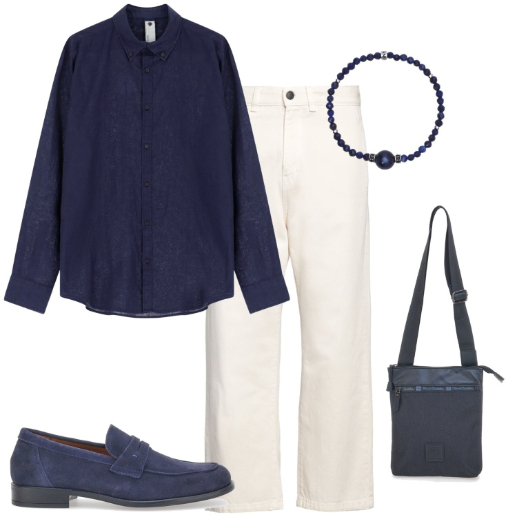 Outfit uomo - Total look #2176389. Stile Trendy per Tutti i giorni. Abbinamento con jeans dritti, braccialetti, camicie, portafogli, scarpe stringate.