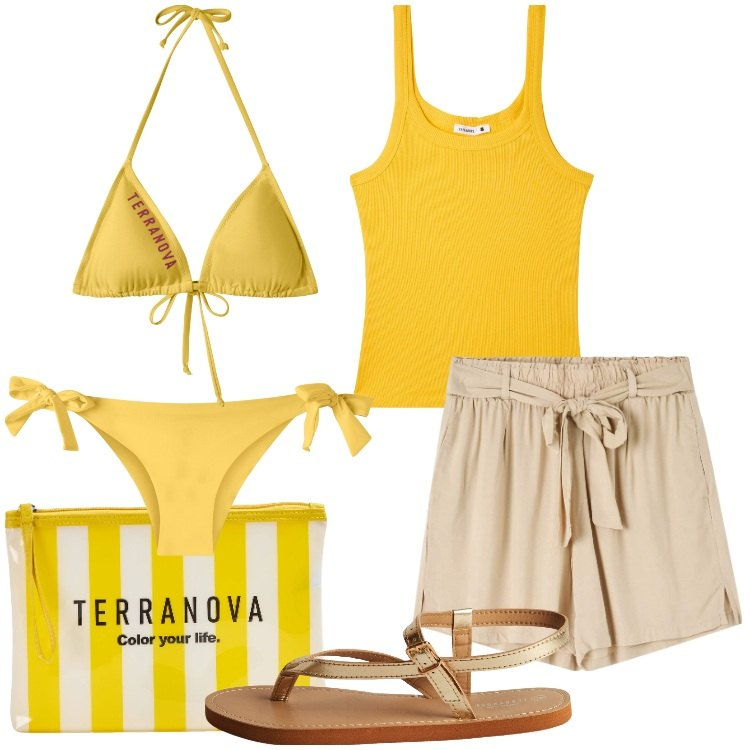 Outfit donna - Al mare con Terranova. Stile Casual per Mare. Abbinamento con bikini, bikini, shorts, canottiere, ciabatte, pochette.
