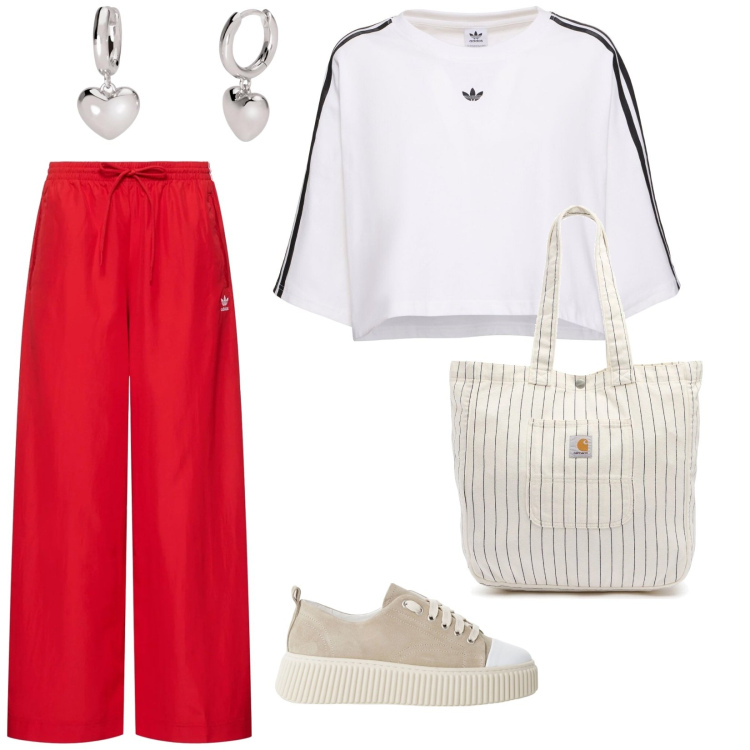 Outfit donna - Sportiva. per Sport. Abbinamento con orecchini, sneakers, t-shirt, pantaloni, borse tote.